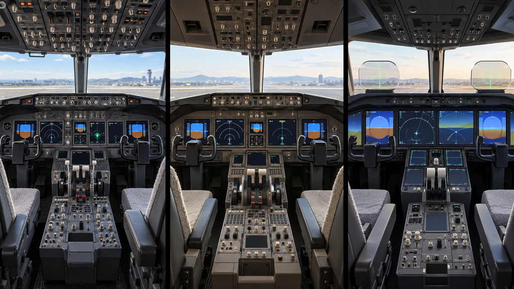 ボーイング737・777・787のコックピット構成を比較したイメージ