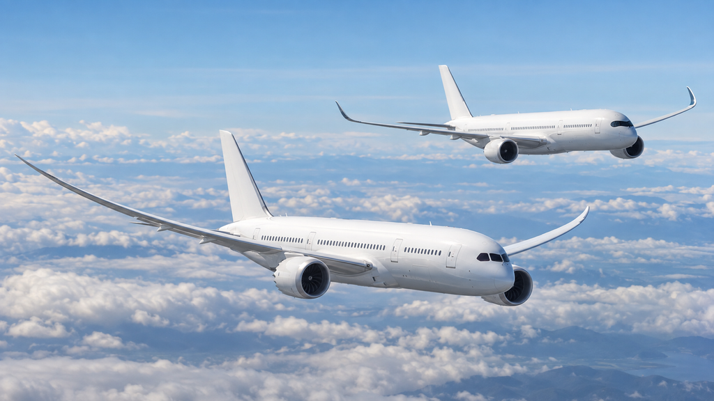 飛行中のボーイング787系とエアバスA350系の主翼と翼端の違い