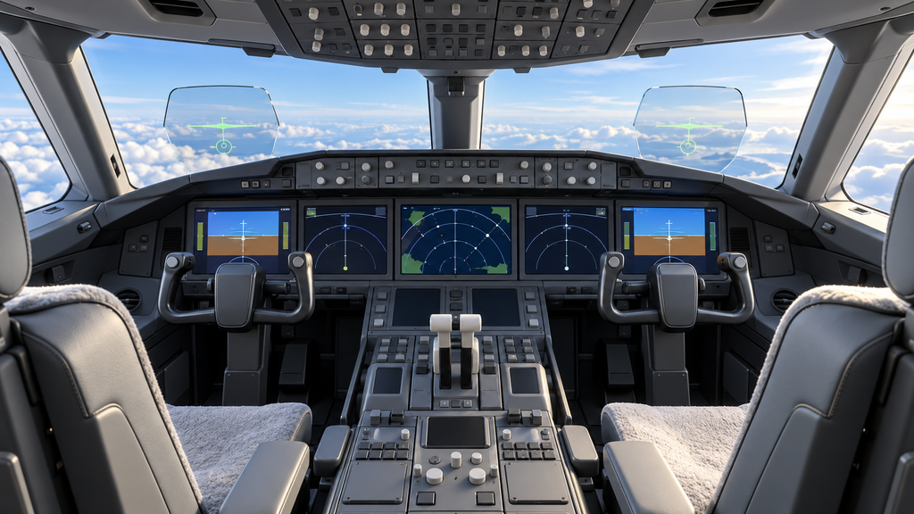 ボーイング787の大型画面と操縦桿を備えたコックピット全景