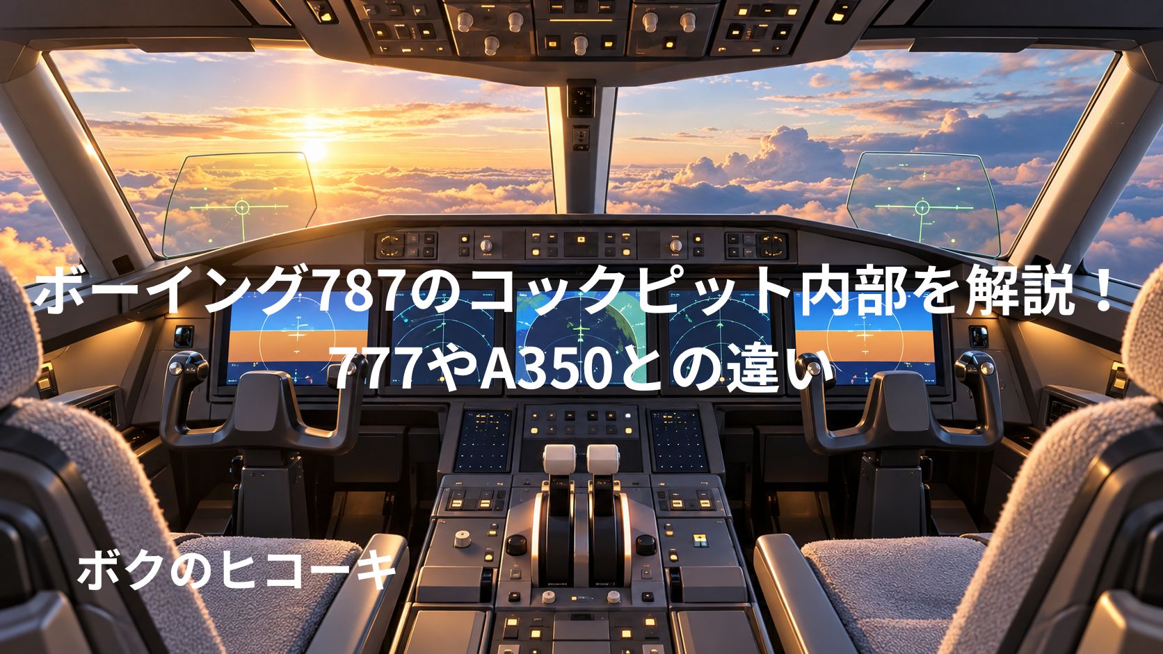 朝焼けの雲海を望むボーイング787の近未来的なコックピット