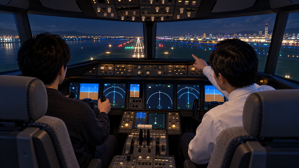 夜の滑走路へ進入するボーイング787型シミュレーターを体験する日本人