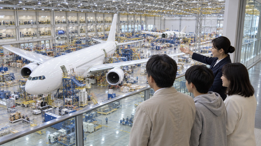 エバレット工場の見学バルコニーから製造ラインを見る日本人家族