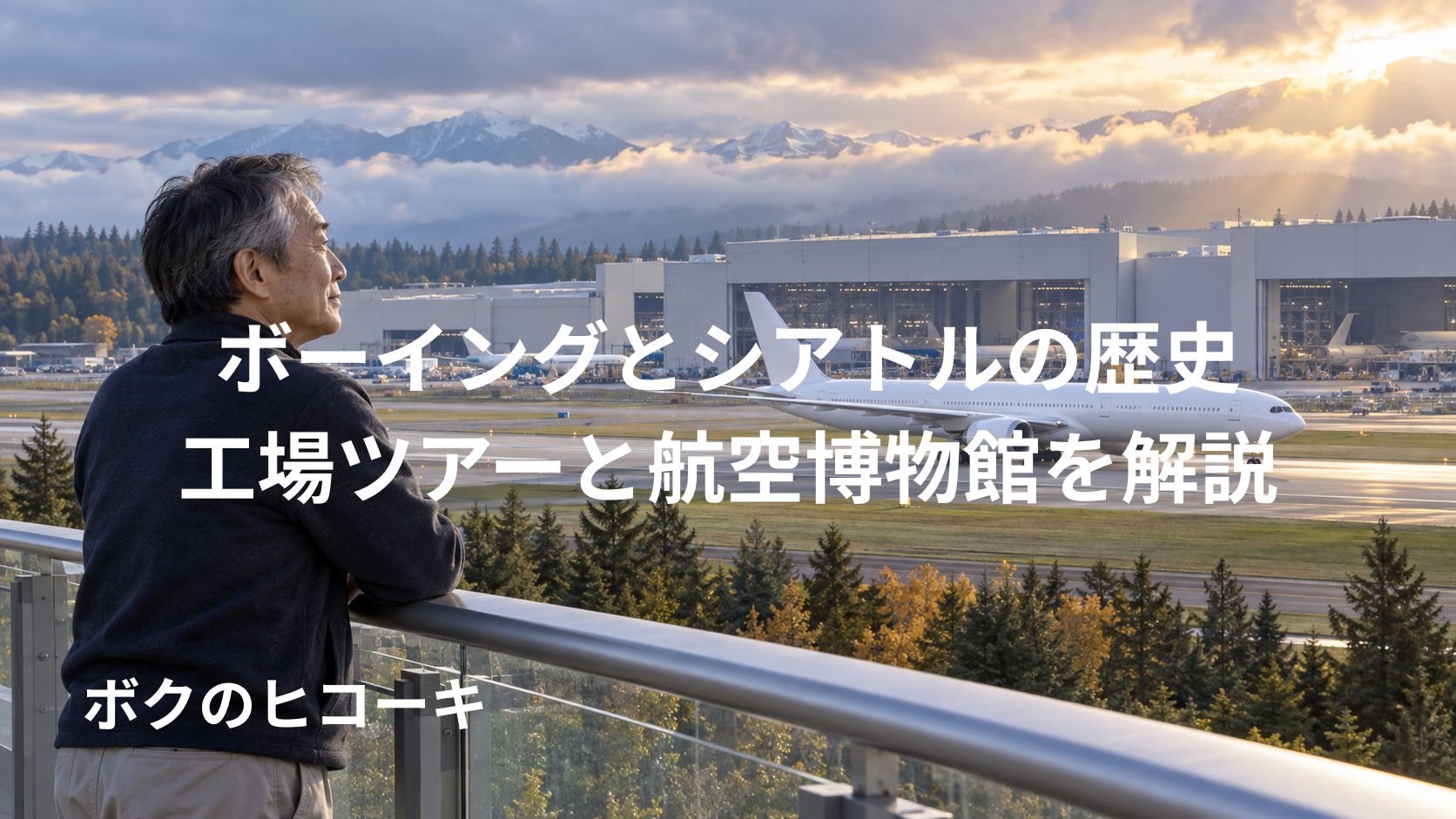 シアトルの航空機工場と大型旅客機を眺める日本人旅行者