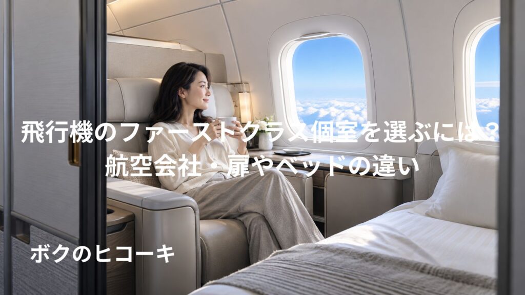 飛行機のファーストクラス個室で窓の外を眺める日本人旅行者