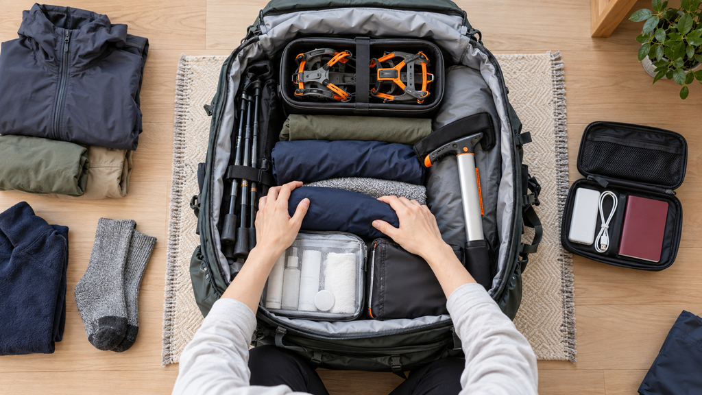 飛行機の預け荷物用リュックへ登山用品を安全に梱包する様子