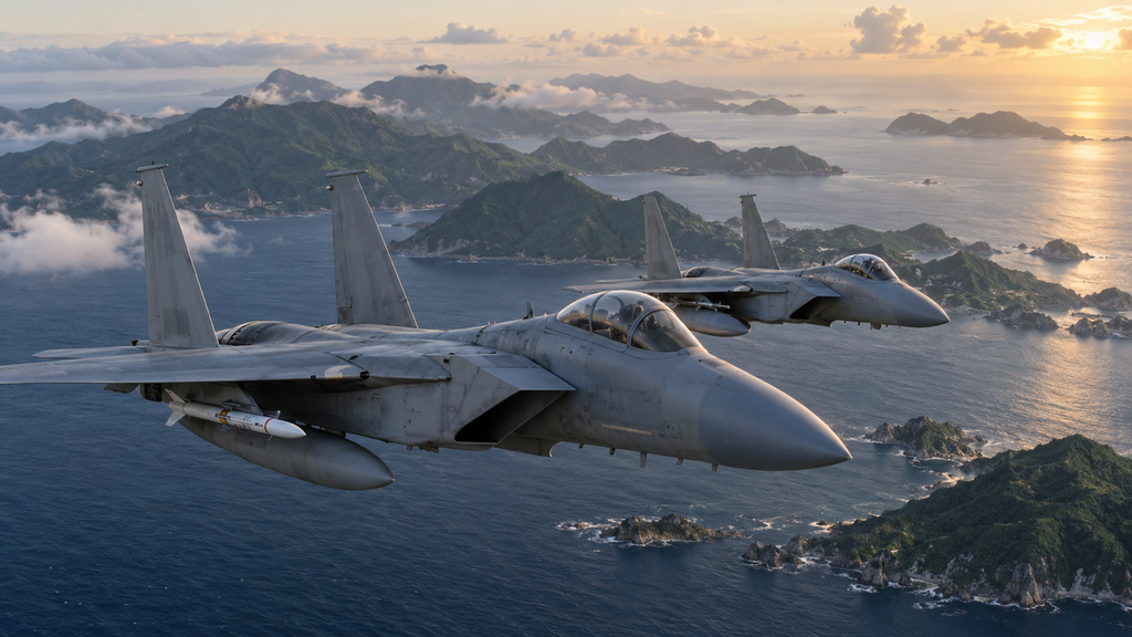 日本周辺の島しょ上空を空対空ミサイル装備で飛行する戦闘機