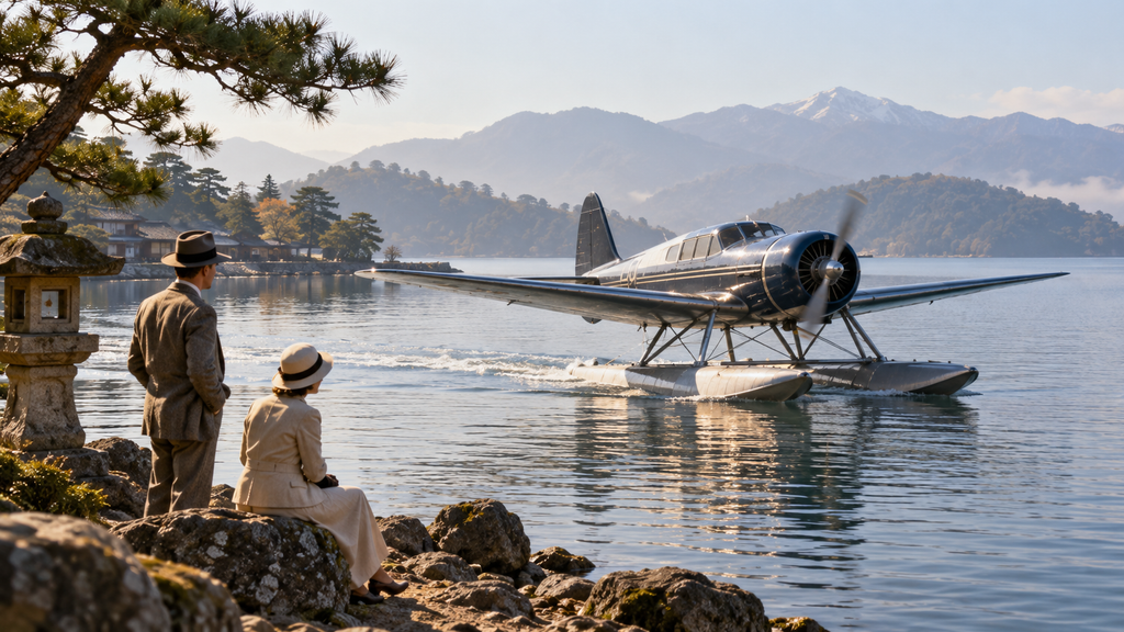 日本の湖畔で水上機を見守る欧米系の男女を描いた、1931年のシリウス号来日のイメージ
