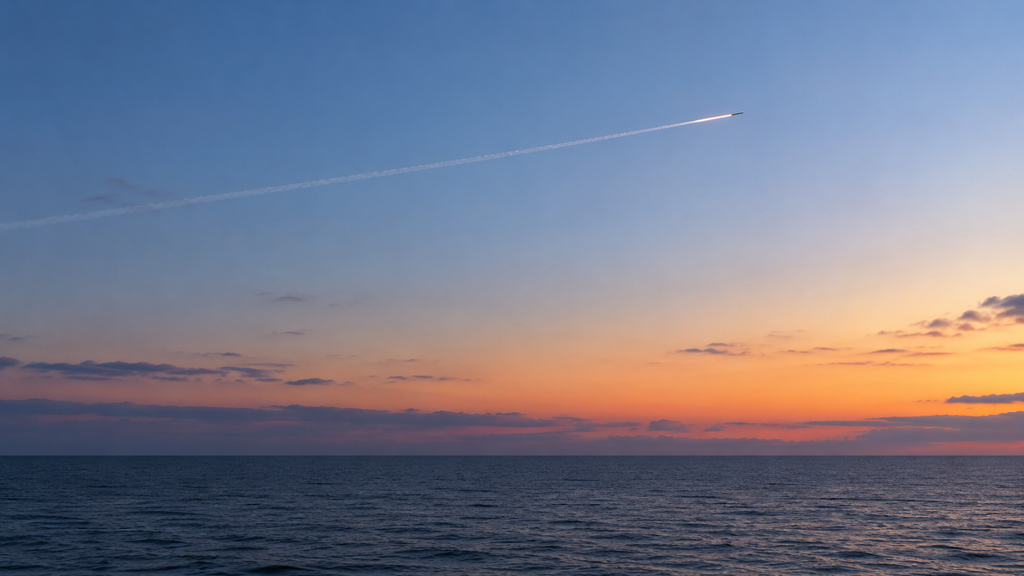 夕暮れの海上を飛ぶ飛翔体と空に伸びる航跡のイメージ