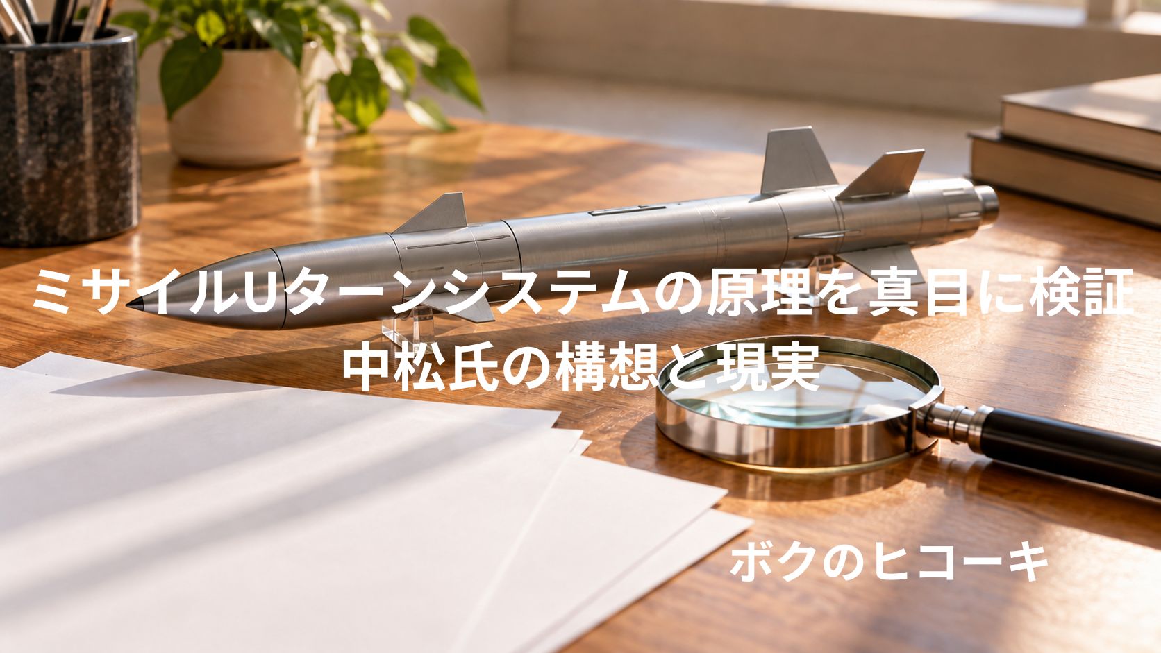 飛翔体の模型と虫眼鏡を置いた調査机