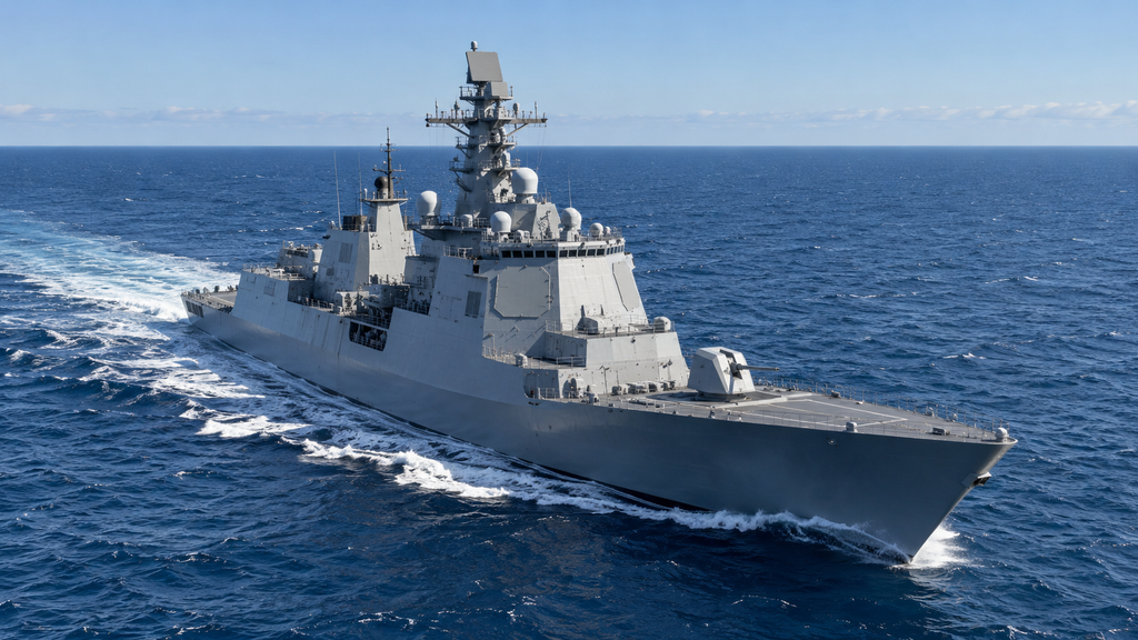 レーダーを備えた防空艦が海上を航行するイメージ