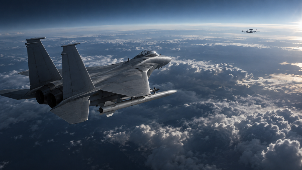 超長距離空対空ミサイルを搭載し早期警戒機へ接近する戦闘機