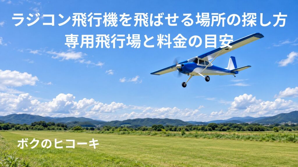広い芝生の模型飛行場上空を飛ぶ青と白のラジコン飛行機