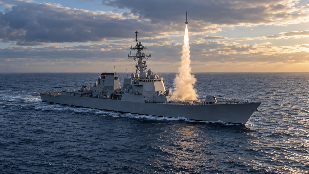 海上のイージス艦から垂直発射されるトマホーク型ミサイル