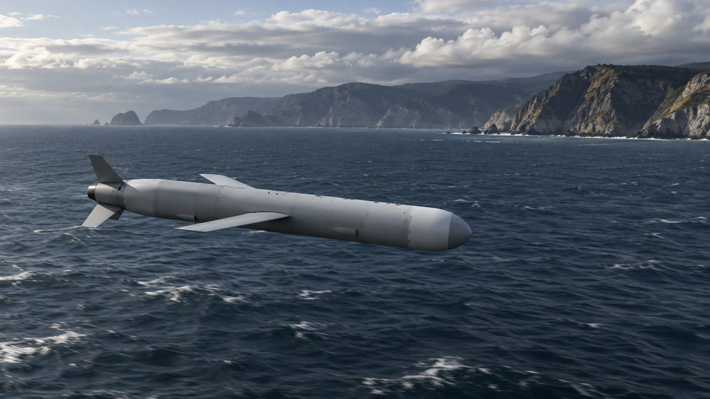 海上を低空飛行するトマホーク型巡航ミサイル