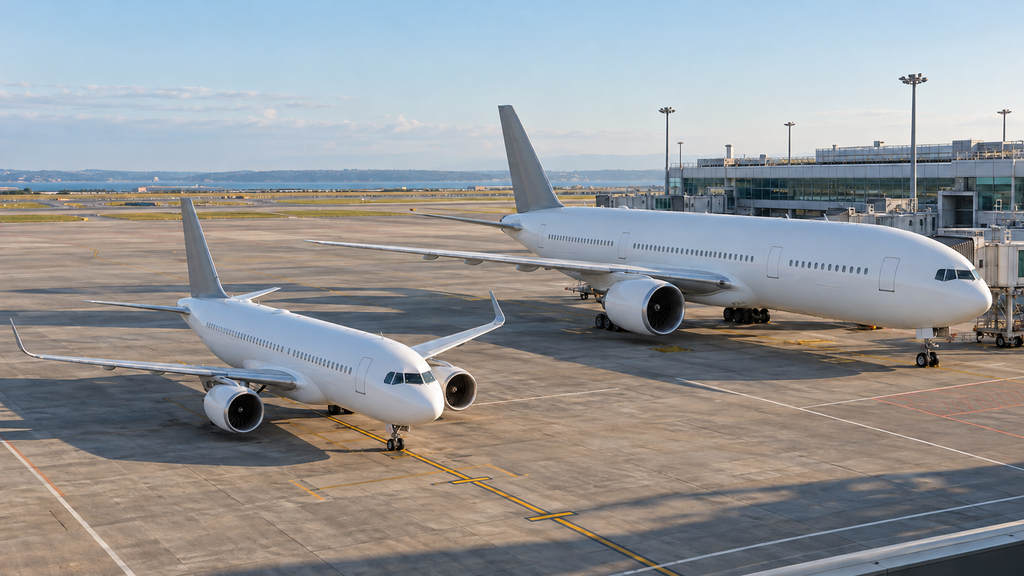 空港の駐機場に並ぶ大きさの異なる2機の旅客機
