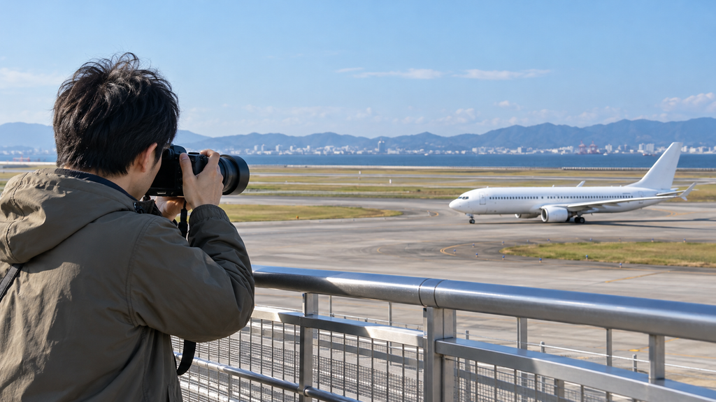 空港の展望デッキから白い旅客機を撮影する日本人男性