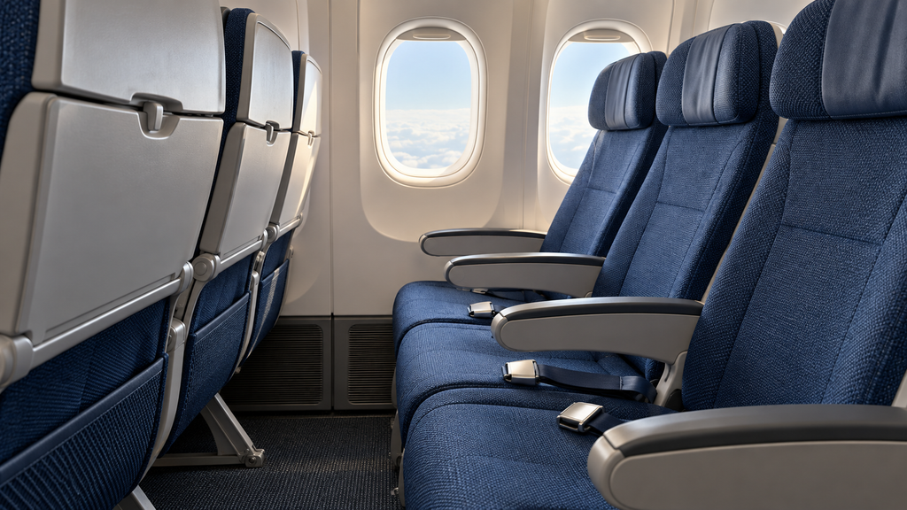 旅客機のエコノミー座席と肘掛け、前席との足元の空間