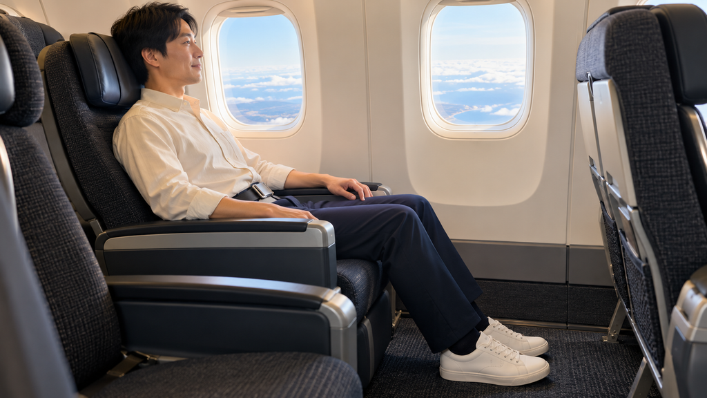 足元にゆとりのある飛行機の上位座席に座る日本人男性