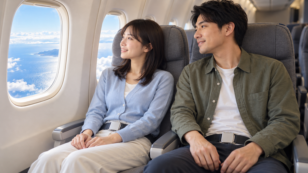 飛行機の窓側と通路側の2席並びで景色を楽しむ日本人の二人