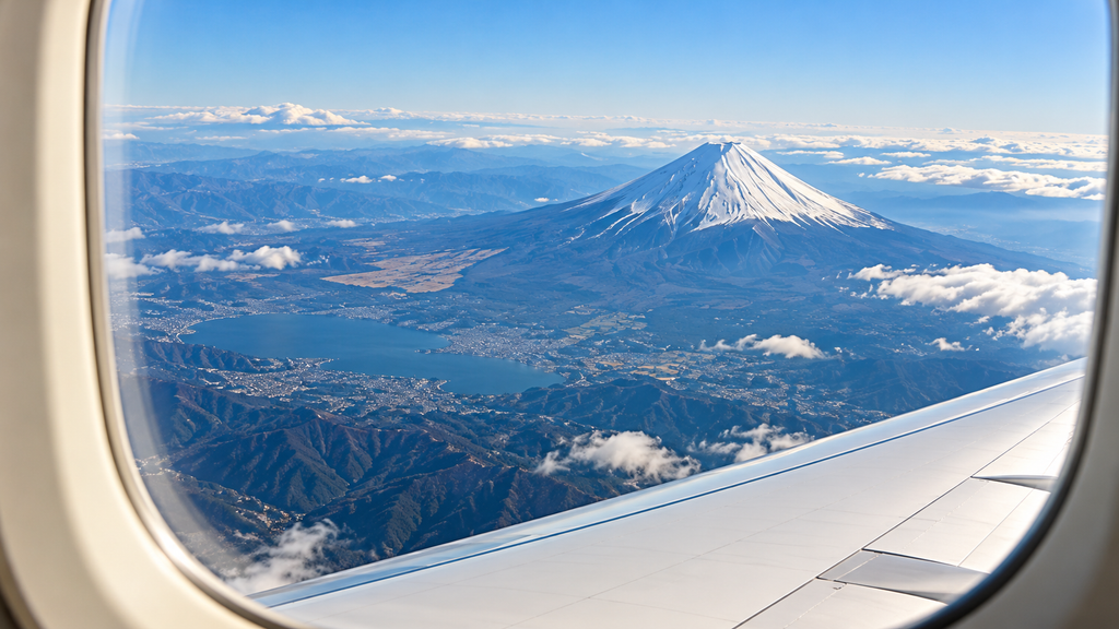 飛行機の窓越しに見える雪をかぶった富士山と主翼