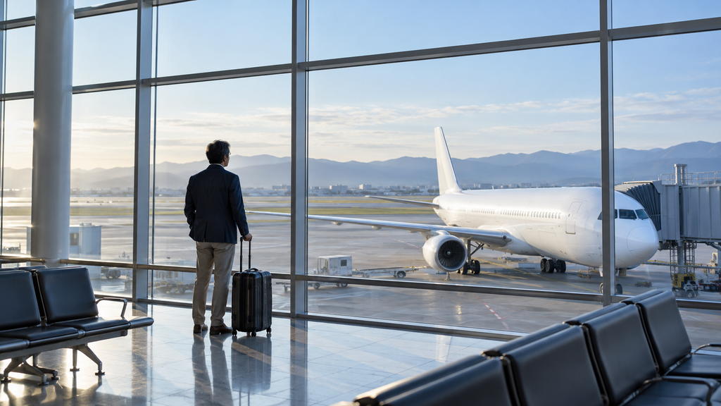スーツケースを持ち、空港の窓越しに駐機中の旅客機を見つめる日本人男性