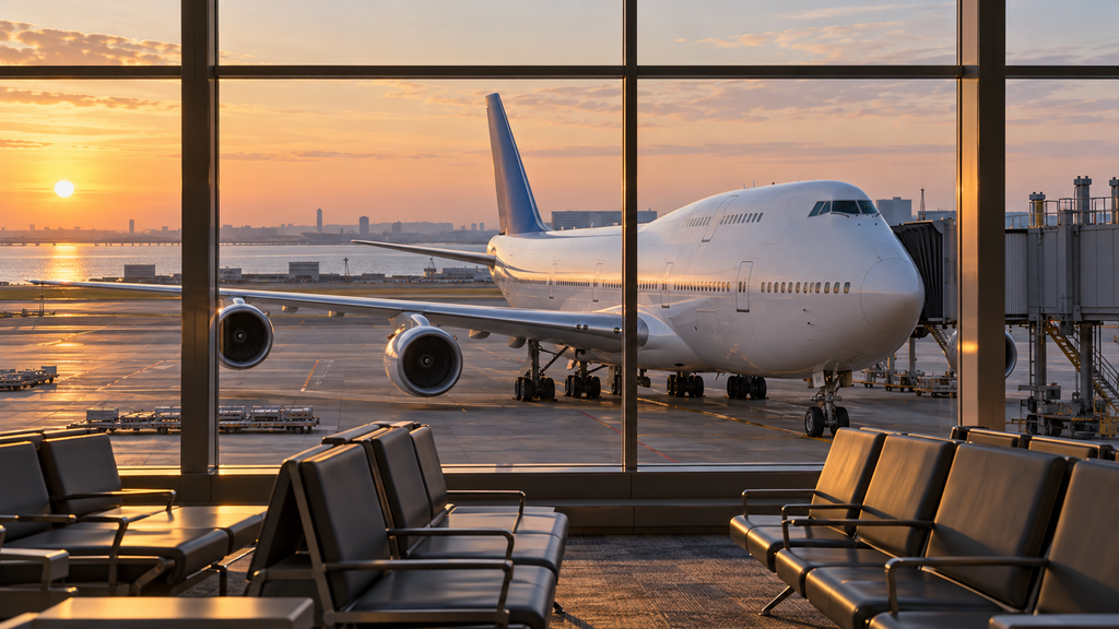 出発ラウンジの窓越しに見えるボーイング747旅客機のイメージ