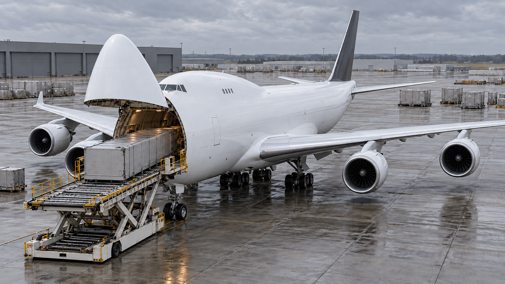 機首貨物ドアから荷物を積み込むボーイング747貨物機のイメージ