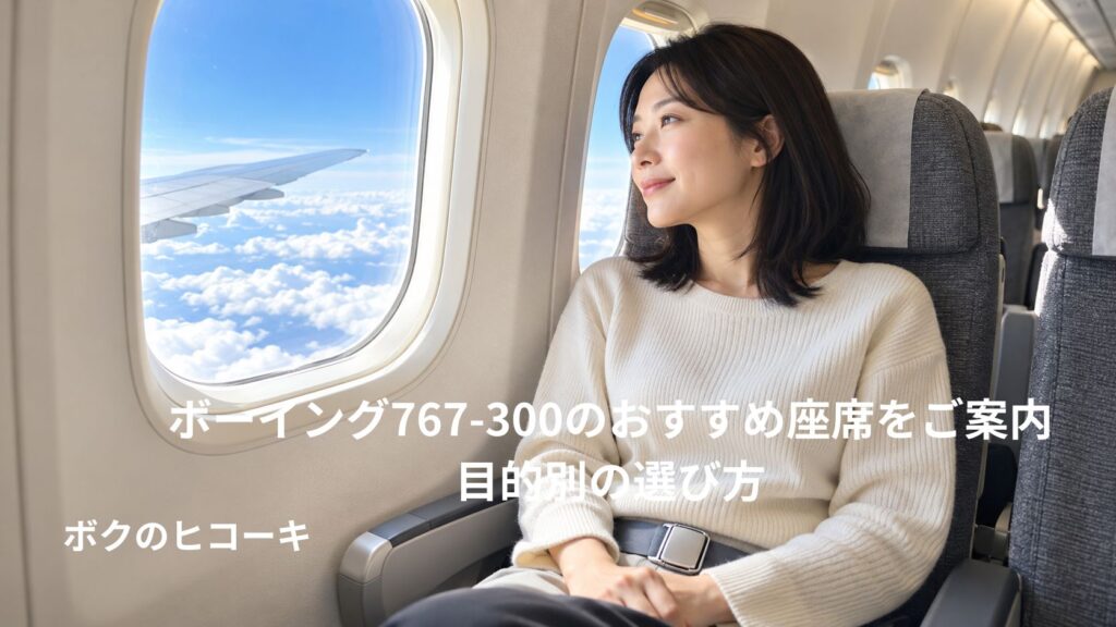 飛行機の窓側席で主翼と雲海を眺める日本人女性