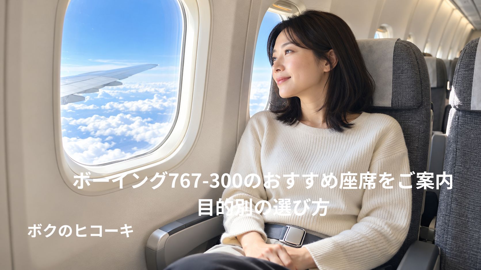 飛行機の窓側席で主翼と雲海を眺める日本人女性