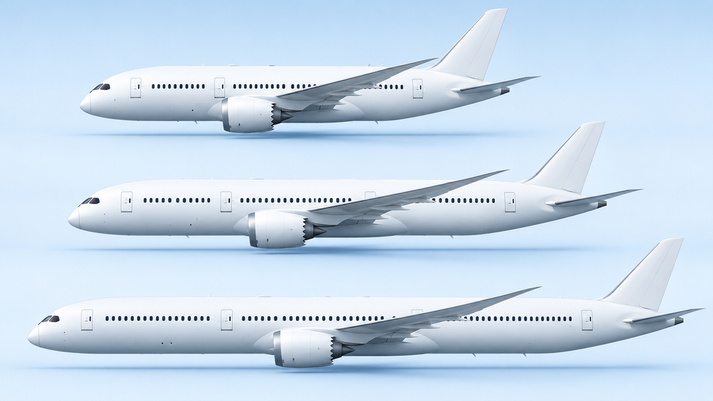 胴体の長さが異なる3機の787風旅客機を横向きに並べた比較イメージ