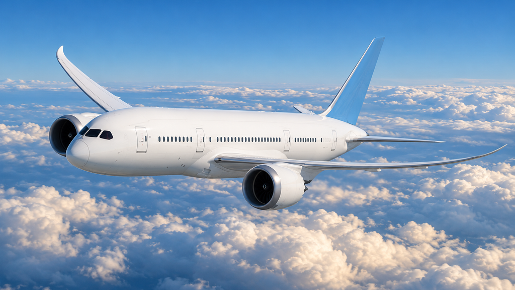 雲の上を飛ぶボーイング787をイメージした白い双発旅客機