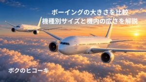夕焼けの雲海上を飛ぶ大きさの異なる2機の白い双発旅客機
