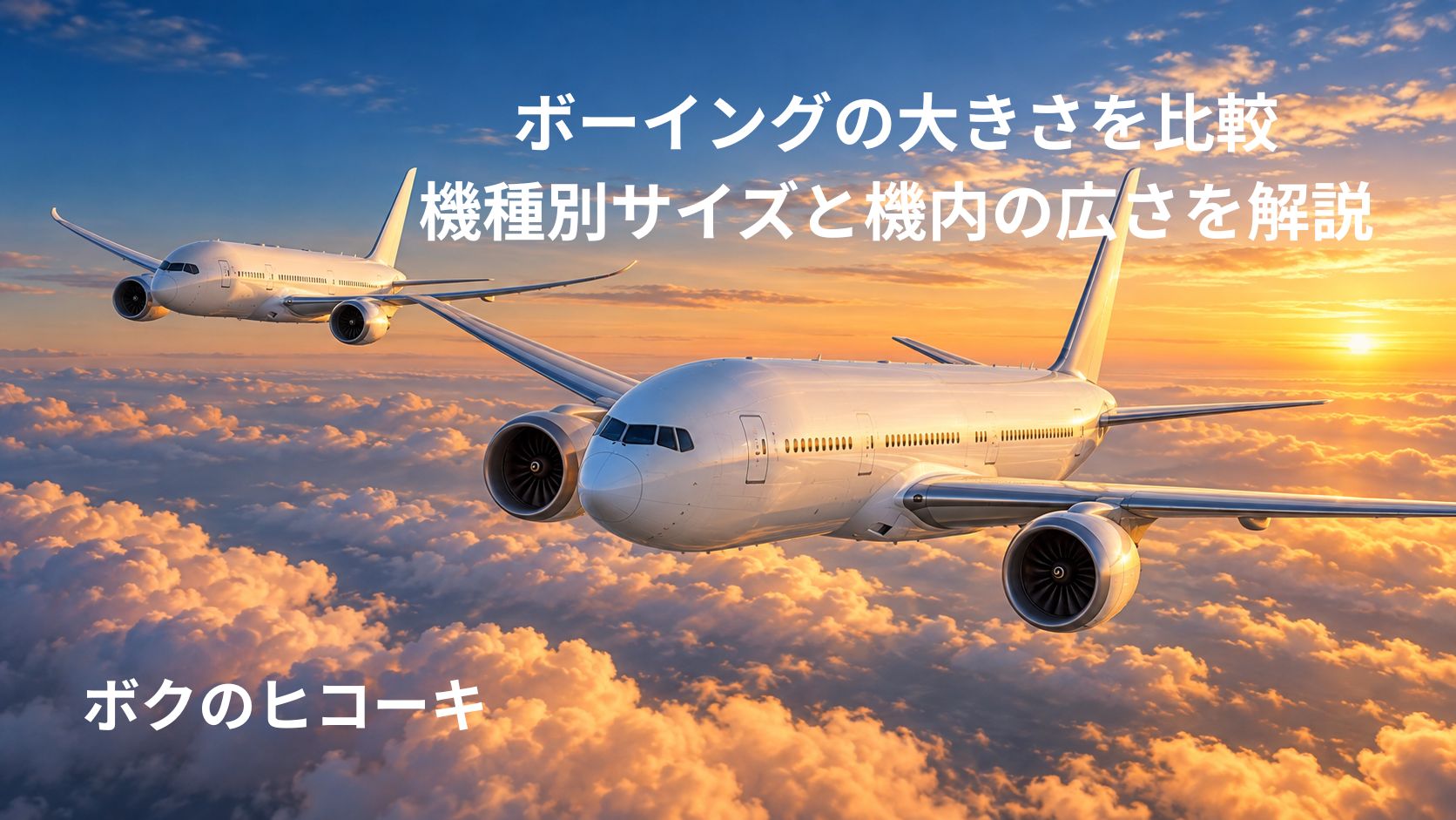 夕焼けの雲海上を飛ぶ大きさの異なる2機の白い双発旅客機