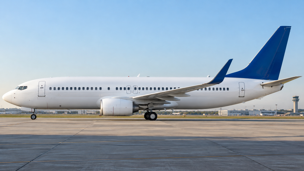 ボーイング737をイメージした白い旅客機の側面と青い尾翼