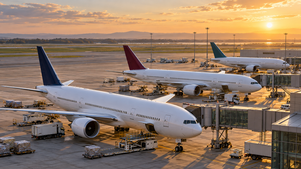夕日の空港に並ぶ紺・赤・青緑の尾翼を持つ3機の旅客機