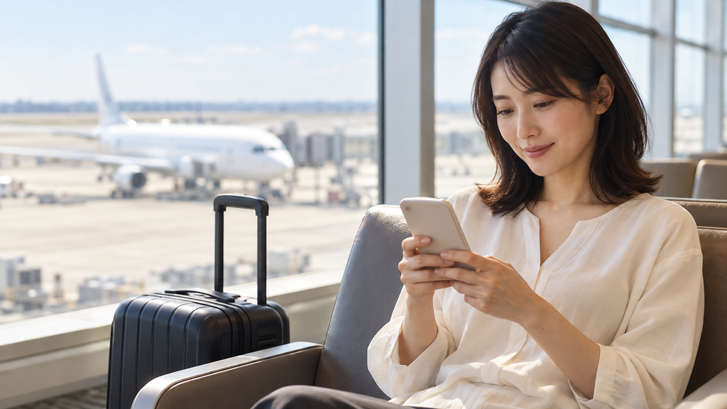 空港の待合席でスマートフォンを確認する日本人女性旅行者