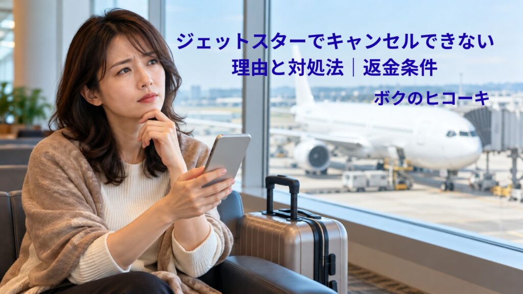 空港でスマートフォンを手に考え込む日本人女性と、窓越しの旅客機