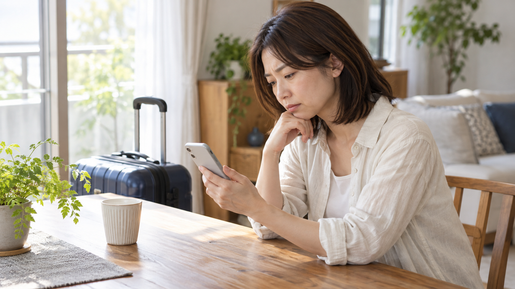 スーツケースを脇に置き、スマートフォンで航空券の予約を確認する日本人女性