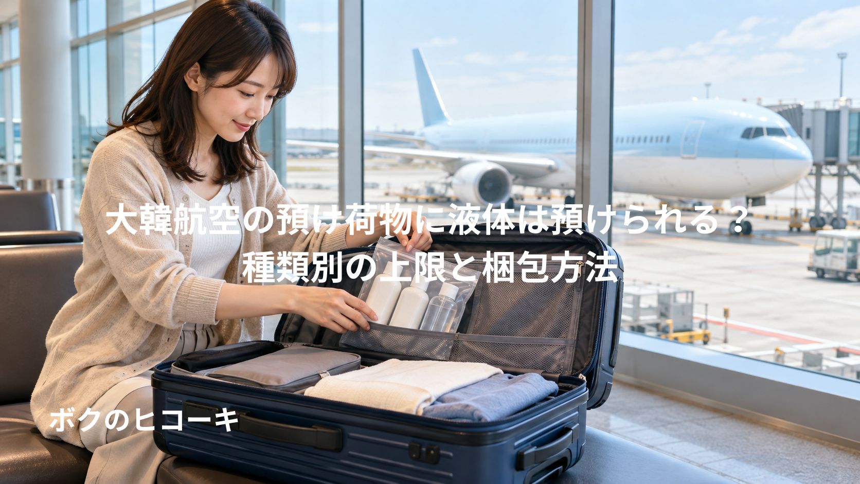 空港で女性旅行者が液体の化粧品を透明袋にまとめてスーツケースへ収納する様子