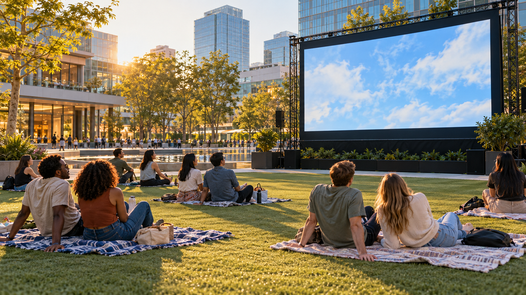 都市の広場で多様な人々が芝生に座って楽しむ屋外映画上映のイメージ