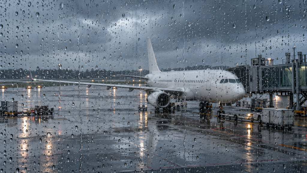 雨粒の付いた空港の窓越しに見える、雨天の駐機場と旅客機