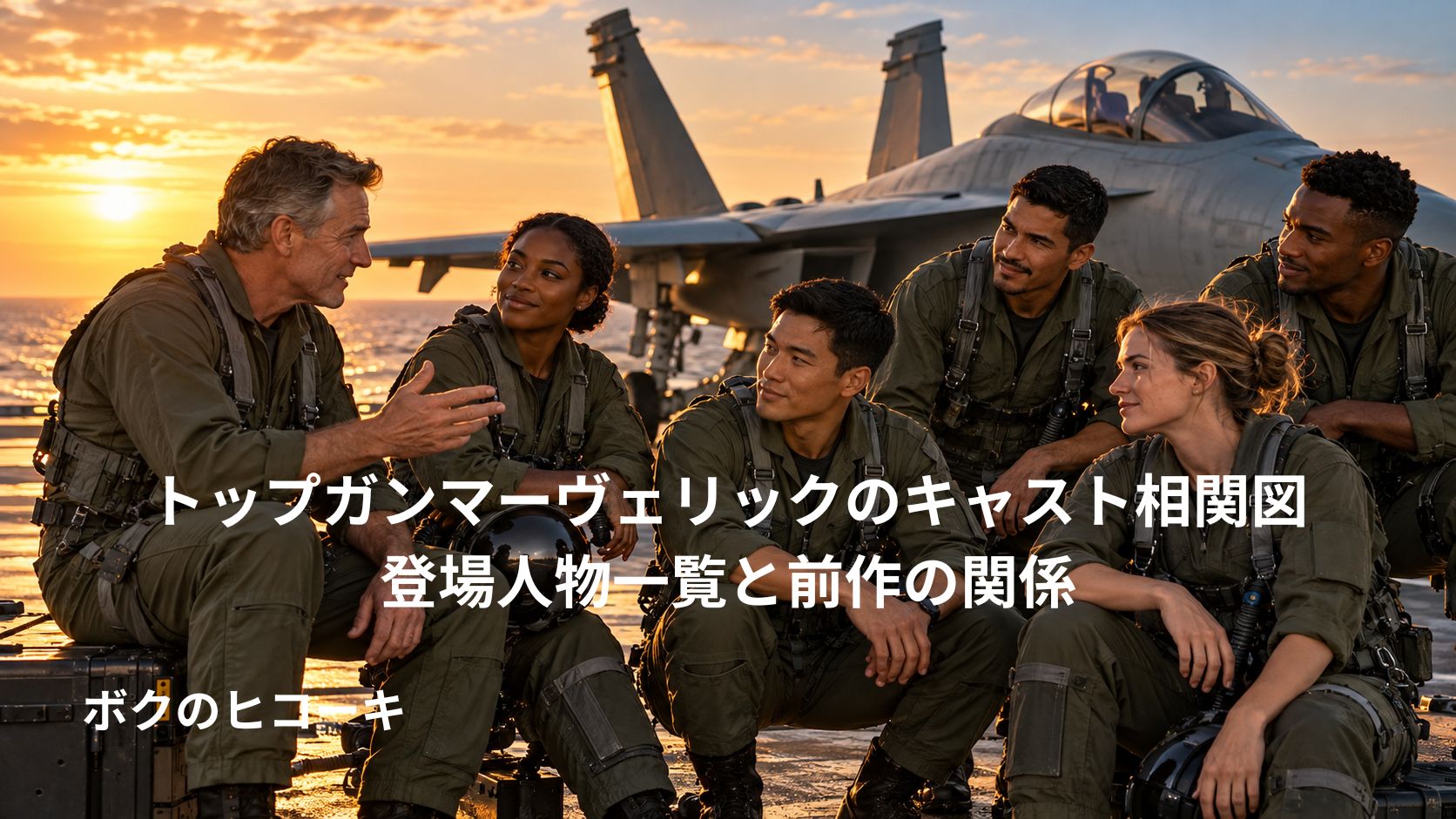 夕暮れの戦闘機の前で語り合う、多様な人種の航空搭乗員6人のイメージイラスト