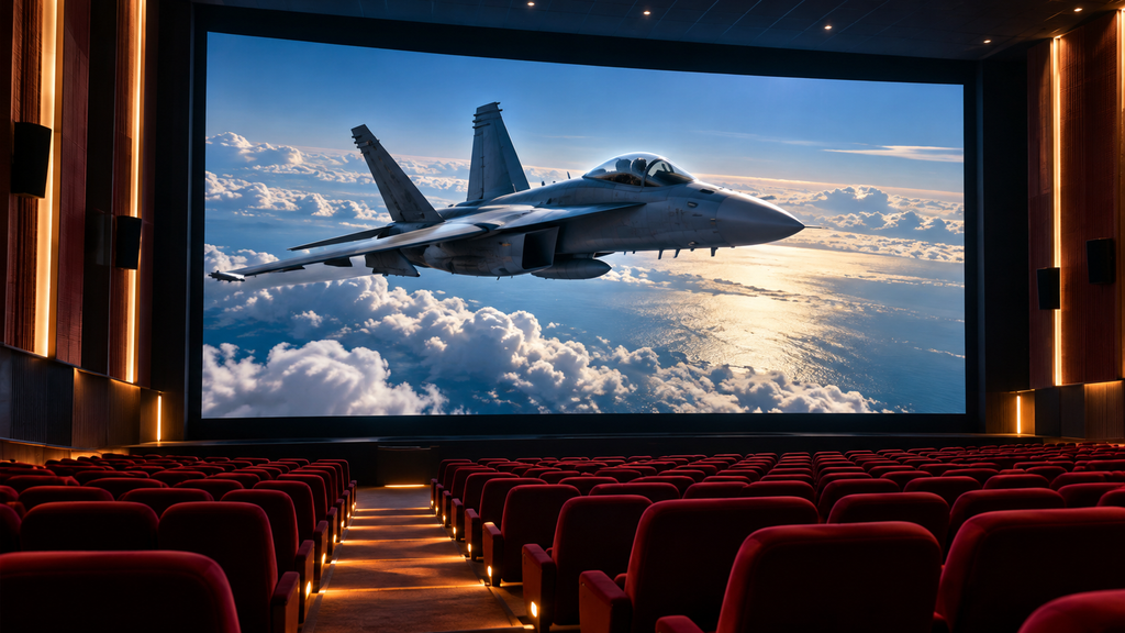 戦闘機の飛行映像を大スクリーンに映す映画館のイメージ