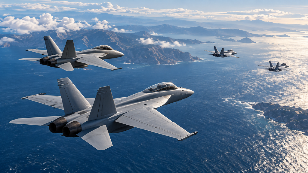 海と海岸線の上空を編隊飛行する4機の双発戦闘機のイメージイラスト