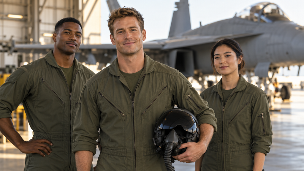 格納庫で戦闘機を背に並ぶ、多様な人種のアメリカ人パイロット３人のイメージ