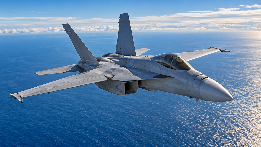 青い海の上を飛ぶ、F/A-18Eスーパーホーネットをイメージした灰色の戦闘機