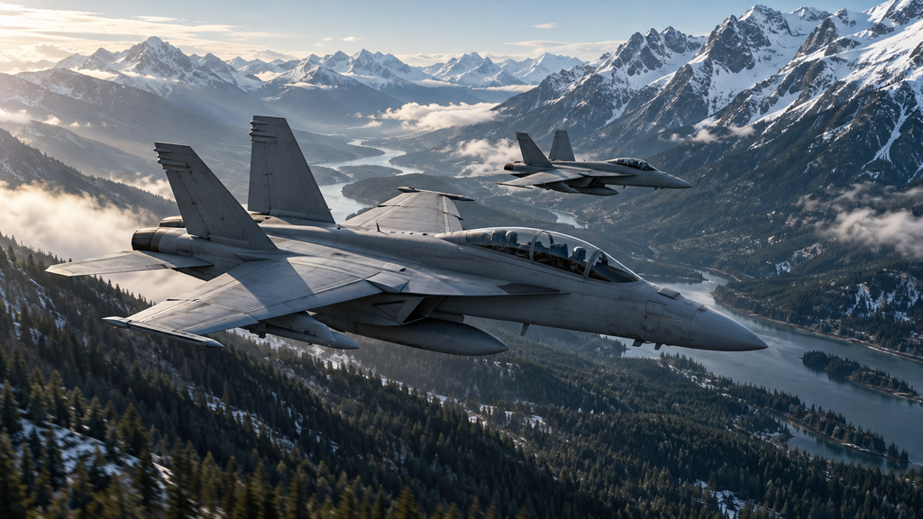 雪山に囲まれた谷を編隊飛行する、スーパーホーネットをイメージした二機の戦闘機