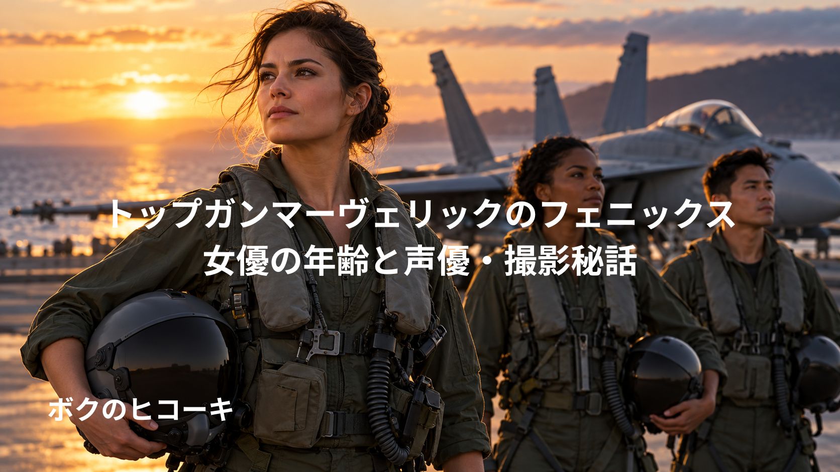 フェニックスをイメージした女性パイロットと多様な人種の仲間が、夕日の戦闘機前に立つ創作画像