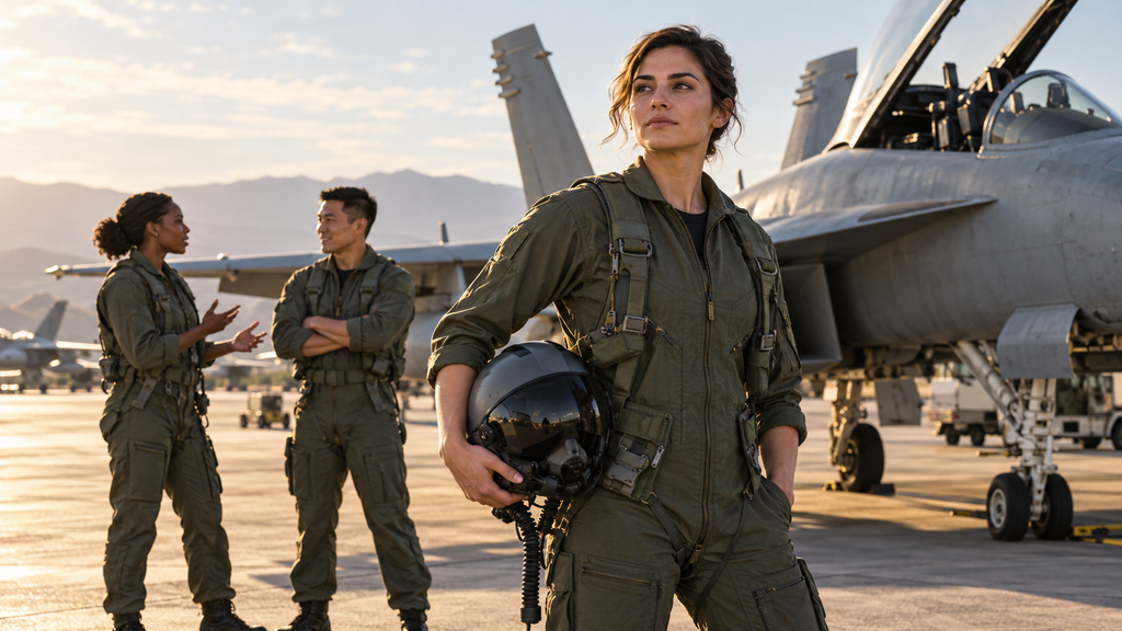 フェニックスをイメージした女性パイロットと、多様な人種の仲間が戦闘機の前に立つ創作画像