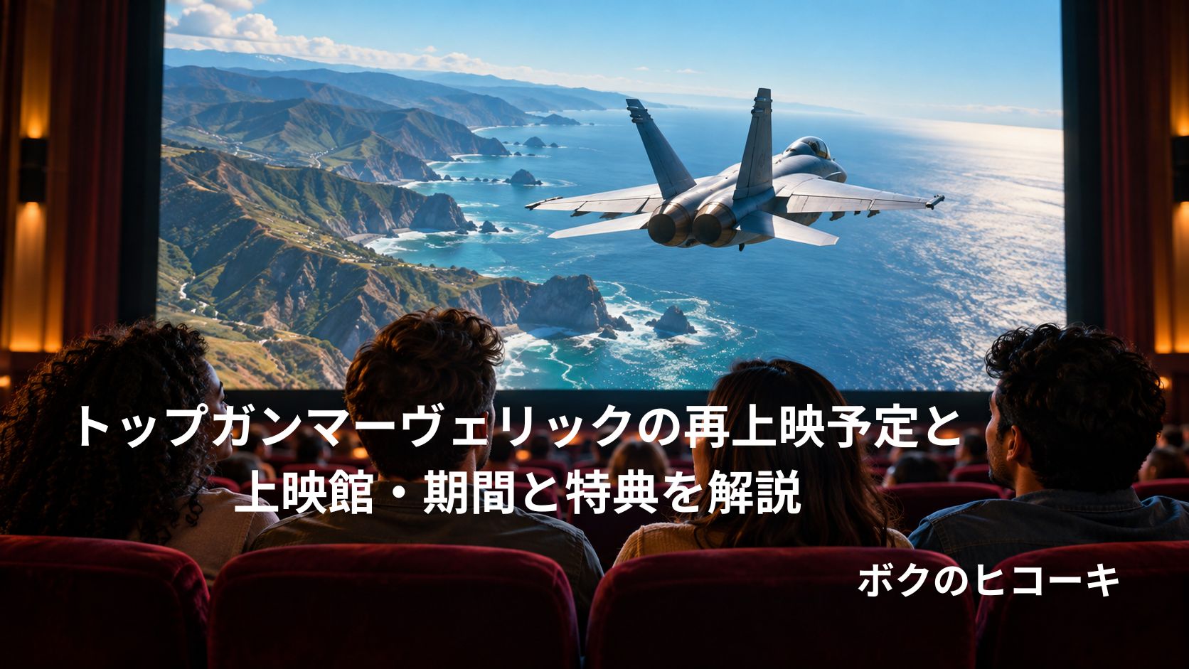 海岸上空を飛ぶ戦闘機の映像を映画館の大スクリーンで楽しむ観客のイメージ